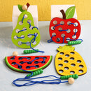Kit Educativo de Frutas de Madeira com Cordão – Brinquedo Montessori de Encaixe e Rosqueamento para Coordenação Motora